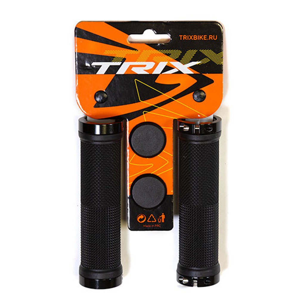 Грипсы TRIX, резиновые, 130мм, 2-х компонентные, алюминиевые фиксаторы на руль черные - 4шт., с заглушками руля, черные(100)