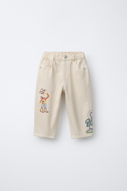 ZARA БРЮКИ BAGGY ИЗ САРЖИ С ВЫШИВКОЙ TOY STORY © DISNEY PIXAR, ЭКРЮ
