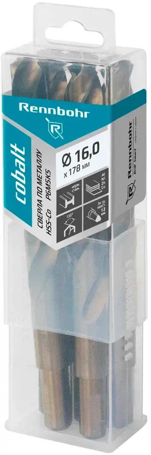 Сверло по металлу, 3х гр. хвост, 16,0х178мм (Хв.12,0мм), HSS-Co, Р6М5К5, 5шт/уп RENNBOHR COBALT PROM