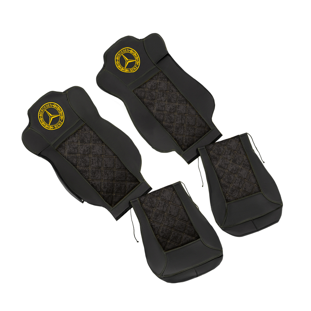 Чехлы Mercedes Actros MP4 (экокожа, черный, желтая строчка)