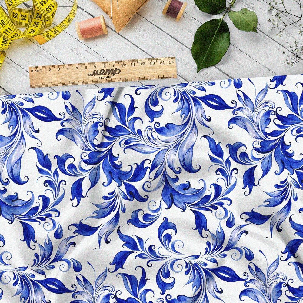 Ткань бифлекс изящные узоры росписью гжель