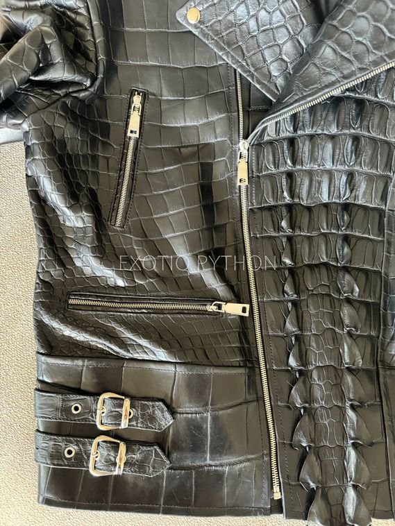 Мужская куртка из кожи крокодила черного цвета, косуха , мото куртка - JT-124