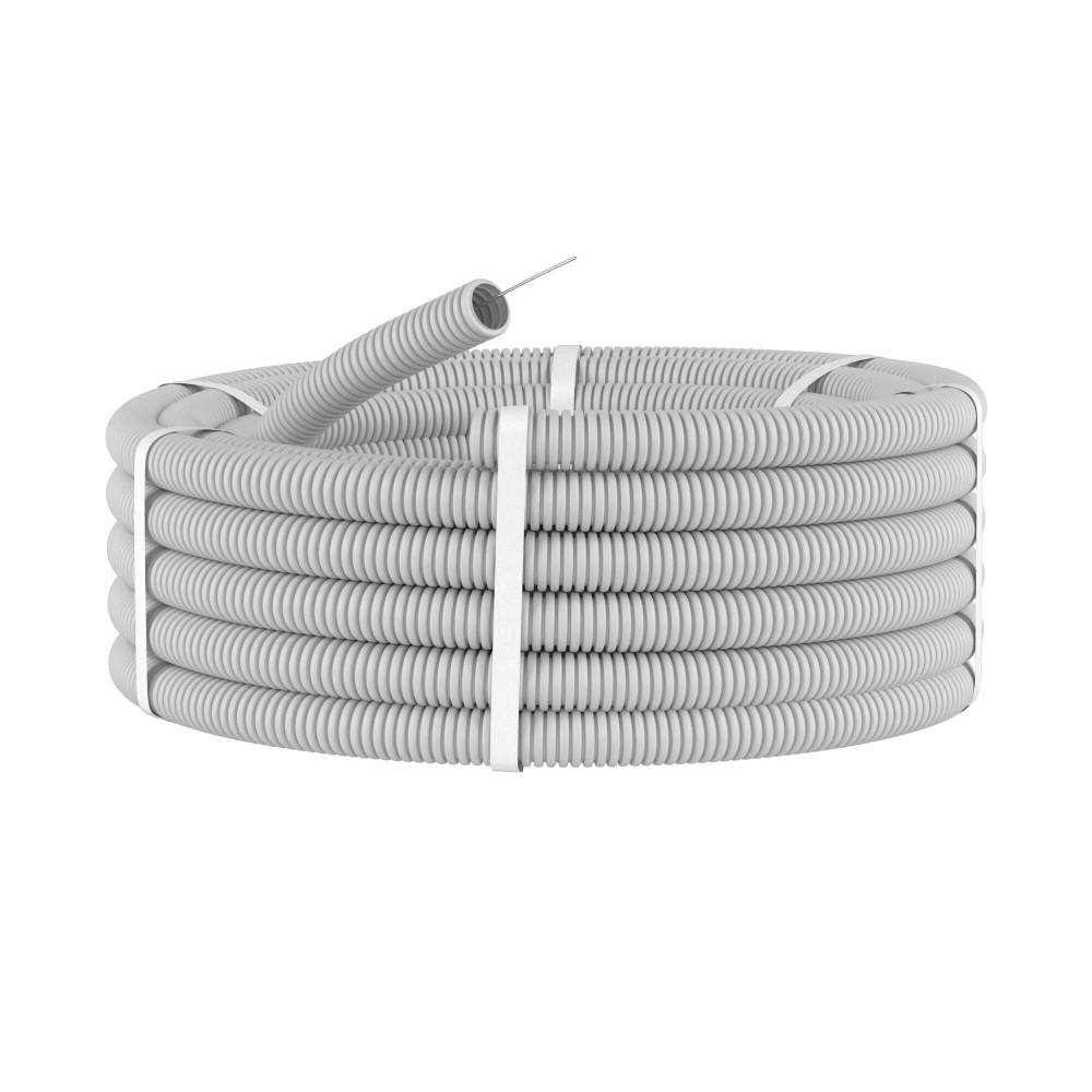 Труба ПВХ гибкая гофр. д.50мм, тяжёлая с протяжкой, 15м, цвет серый