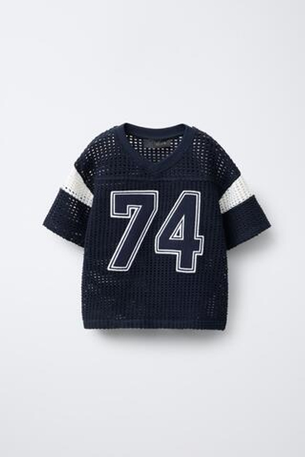ZARA ТРИКОТАЖНАЯ ФУТБОЛКА С ВЫШИВКОЙ «НОМЕР», МОРСКОЙ СИНИЙ