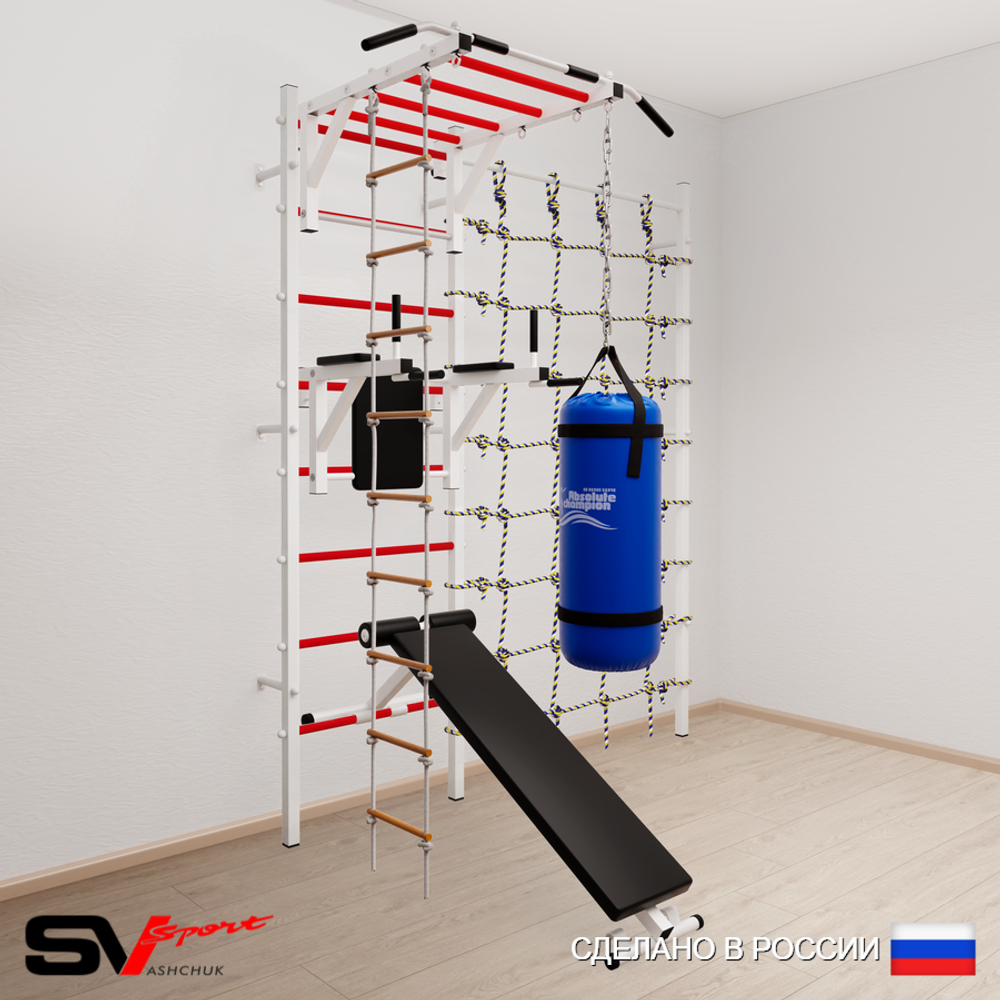 Шведская стенка Sv Sport усиленная 65230 (Турник рукоход/Брусья/Скамья/Лестница/Цепь/Мешок 30кг/Канатный лаз)