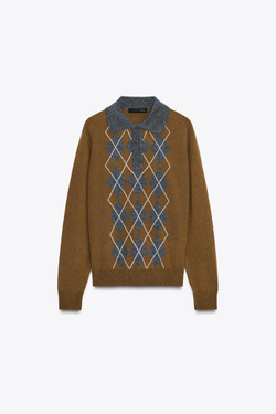 ZARA ТРИКОТАЖНЫЙ СВИТЕР ПОЛО С УЗОРОМ «РОМБЫ», СВЕТЛО-КОРИЧНЕВЫЙ