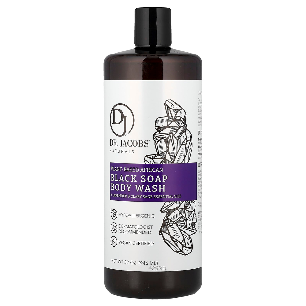 Dr. Jacobs Naturals, Африканское черное мыло для душа на растительной основе, эфирные масла лаванды и мускатного шалфея, 946 мл (32 унции)