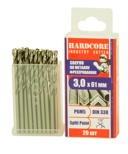 Сверло по металлу фрез. Р6М5 3.0х61мм 20 шт/уп "Hardcore" Industry cutter