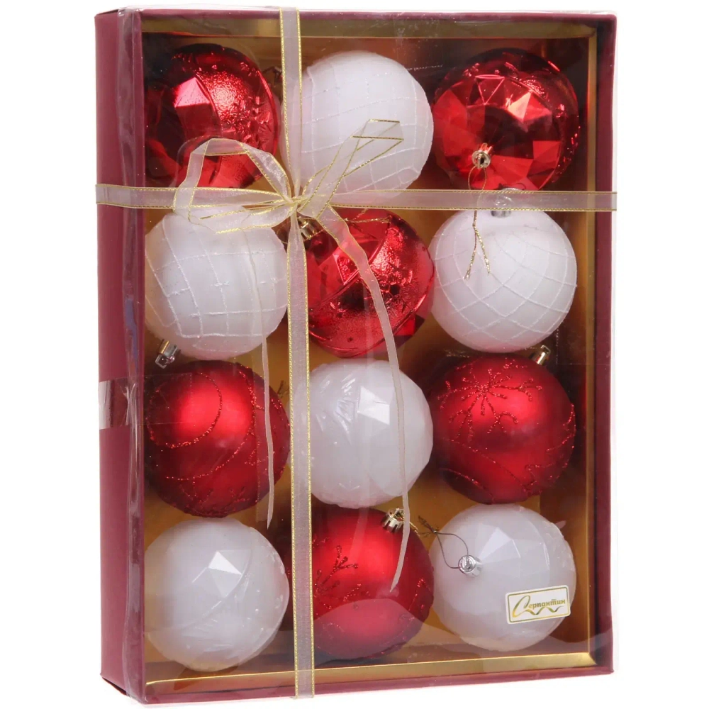Новогодние шары «Волшебный вальс» 8 см (набор 12 шт), Красный/белый