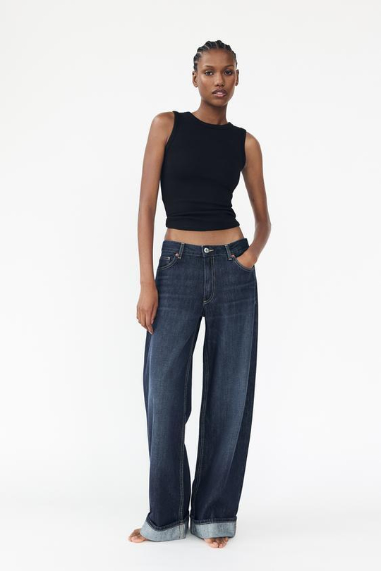 ZARA ДЖИНСЫ TRF RELAXED С НИЗКОЙ ПОСАДКОЙ И ОТВОРОТАМИ, ТЕМНЫЙ ИНДИГО