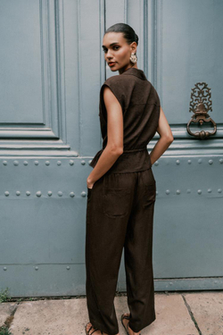 ZARA ЖИЛЕТ ИЗ ЛЬНА, КОРИЧНЕВЫЙ