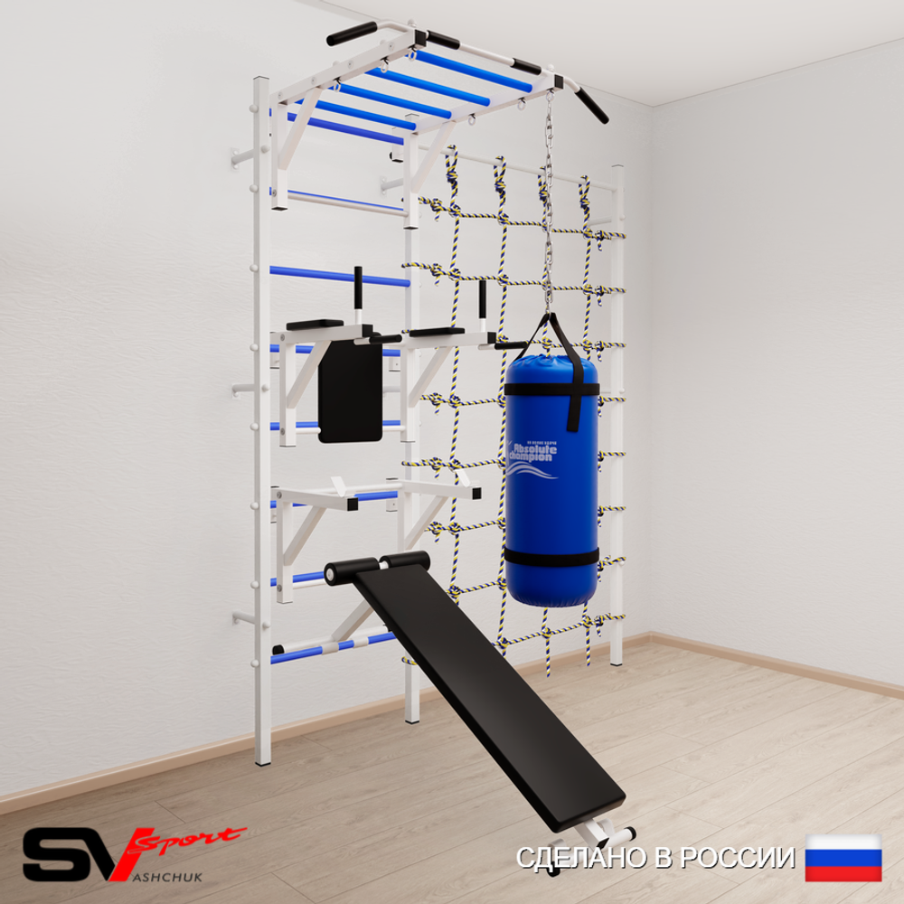 Шведская стенка Sv Sport 52630 (Турник рукоход/Брусья/Стойка/Скамья/Цепь/Мешок 30кг/Канатный лаз)