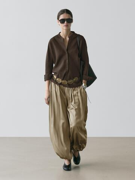 Massimo Dutti Рубашка с воротником-стойкой из 100% льна, коричневый