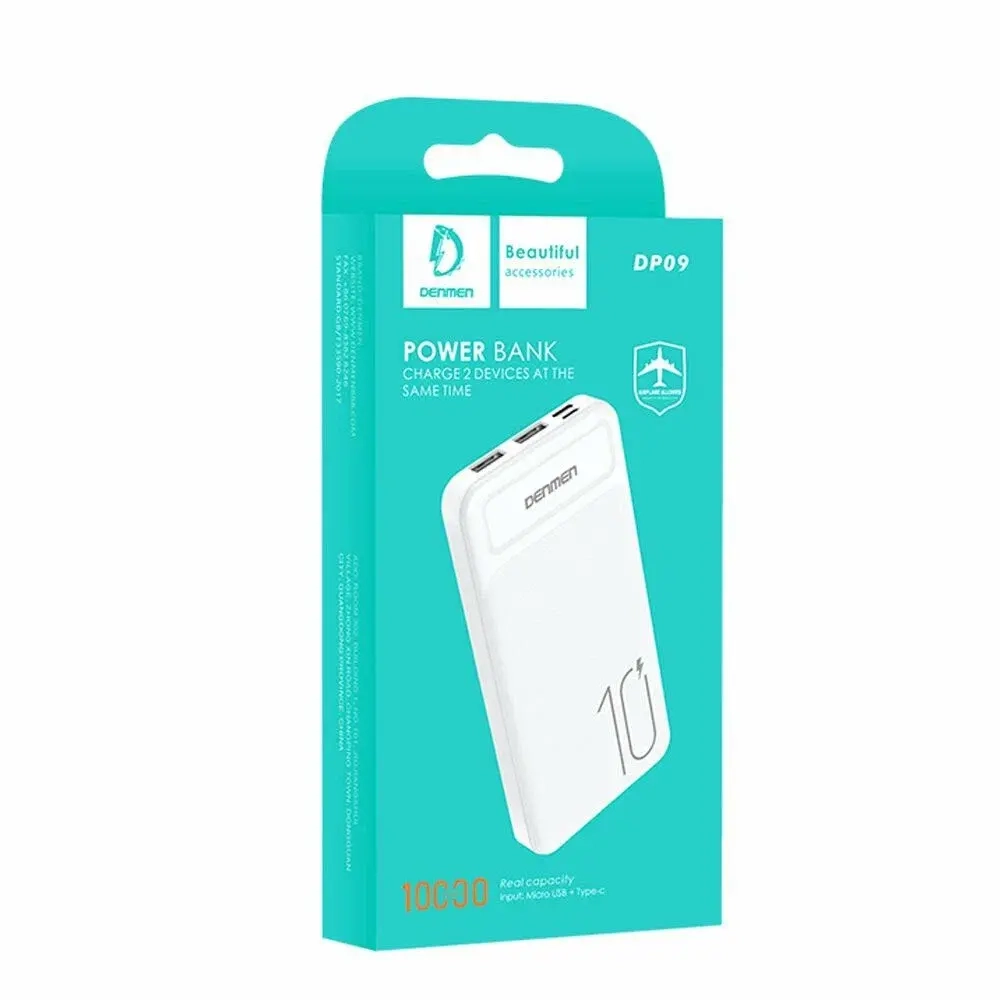 Портативный аккумулятор 10000мА DENMEN DP09 MicroUSB/Type-C+2xUSB Белый