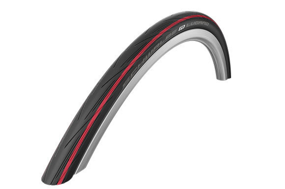 Покрышка SCHWALBE LUGANO 700x25C, слик с кевларовым защитным слоем, чёрно-красная, 85-115psi, 350гр.