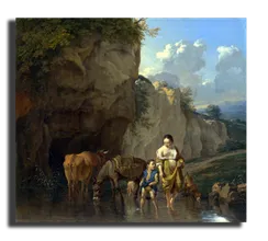 Репродукция "  Дюжарден, Карел - Женщина и мальчик с животными в ручье"