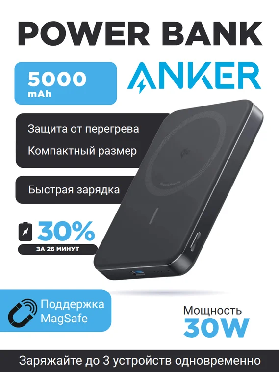 Внешний аккумулятор Anker MagGo Power Bank 5000 mAh A1664 черный