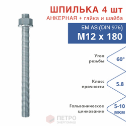 Анкерная шпилька М10х150 5.8 для химических анкеров оцинкованная в комплекте с гайкой и шайбой