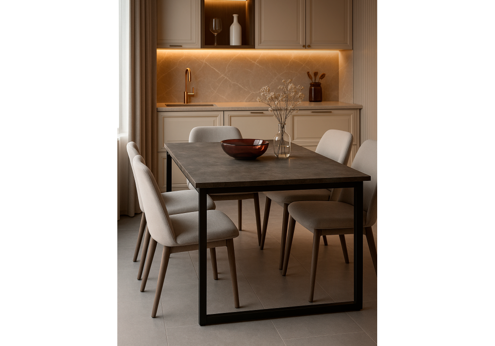 Стол деревянный Woodville Лиман 117 (157) x 77 бетон темный, черный матовый, ножки черные