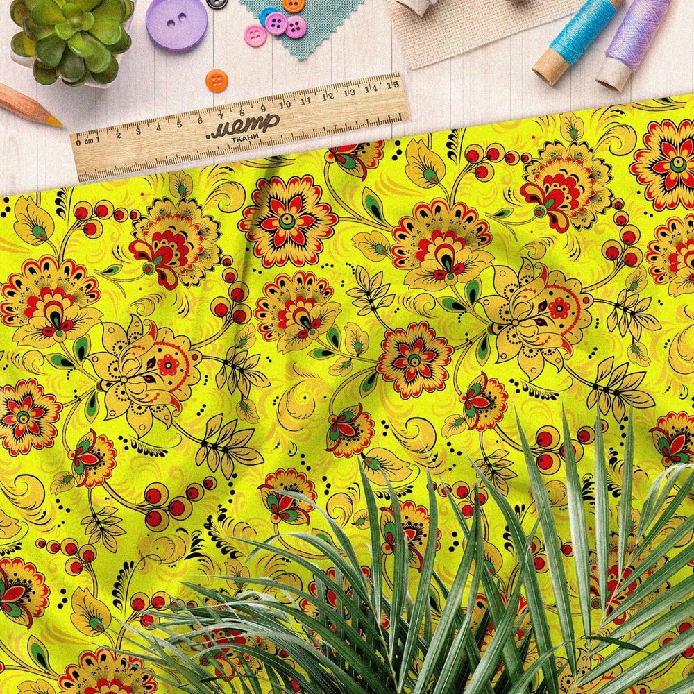 Ткань мембрана хохломские узоры на жёлтом