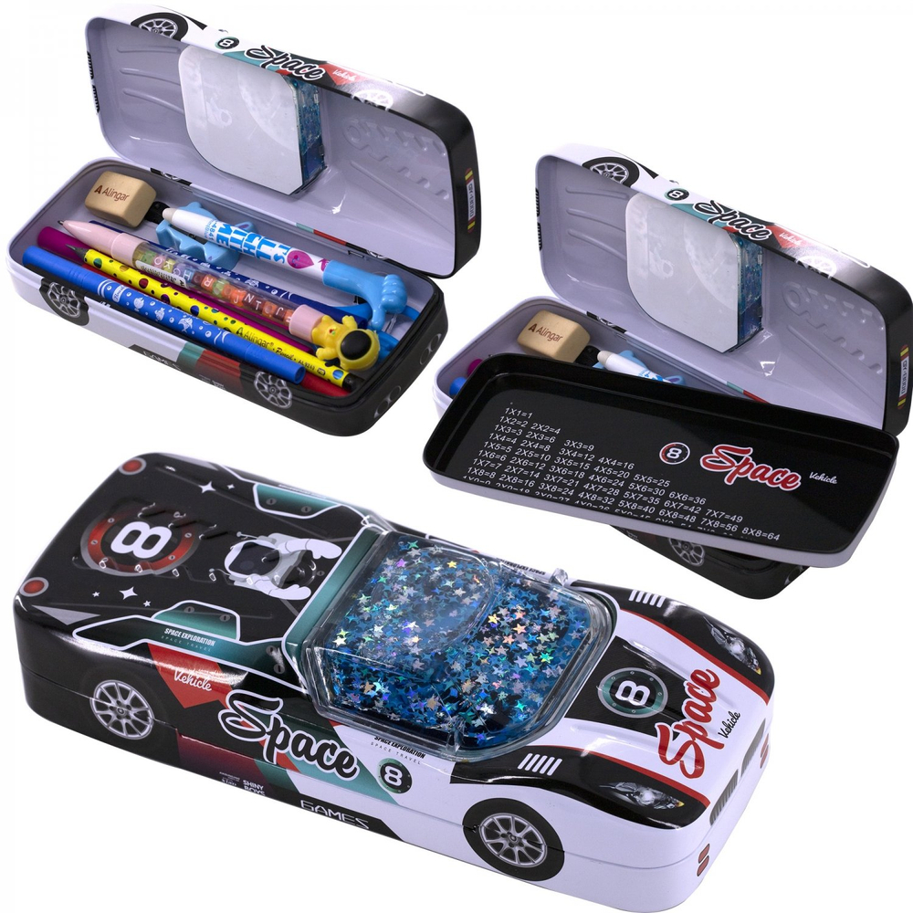 Пенал металлический машина 2 отделения Alingar, таблица умножения, звездочки в жидкости, 85 х 250 мм, "Space vehicle", чёрный (машинка с космонавтом)