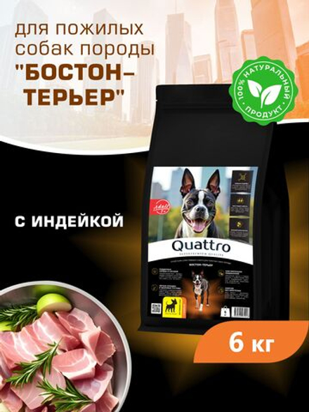 Корм сухой для пожилых собак породы Бостон-терьер старше 7 лет, с индейкой, 6 кг, QUATTRO