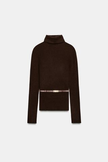 ZARA СВИТЕР ИЗ 100% ШЕРСТИ С ВЫСОКИМ ВОРОТНИКОМ И РЕМНЕМ, ШОКОЛАДНЫЙ