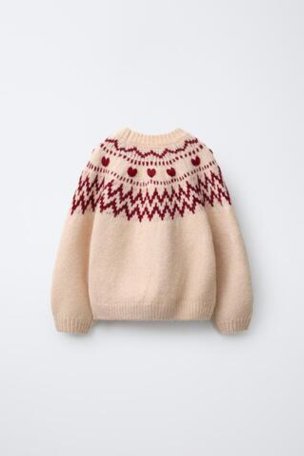 ZARA ЖАККАРДОВЫЙ СВИТЕР С УЗОРОМ «СЕРДЦА», ЭКРЮ