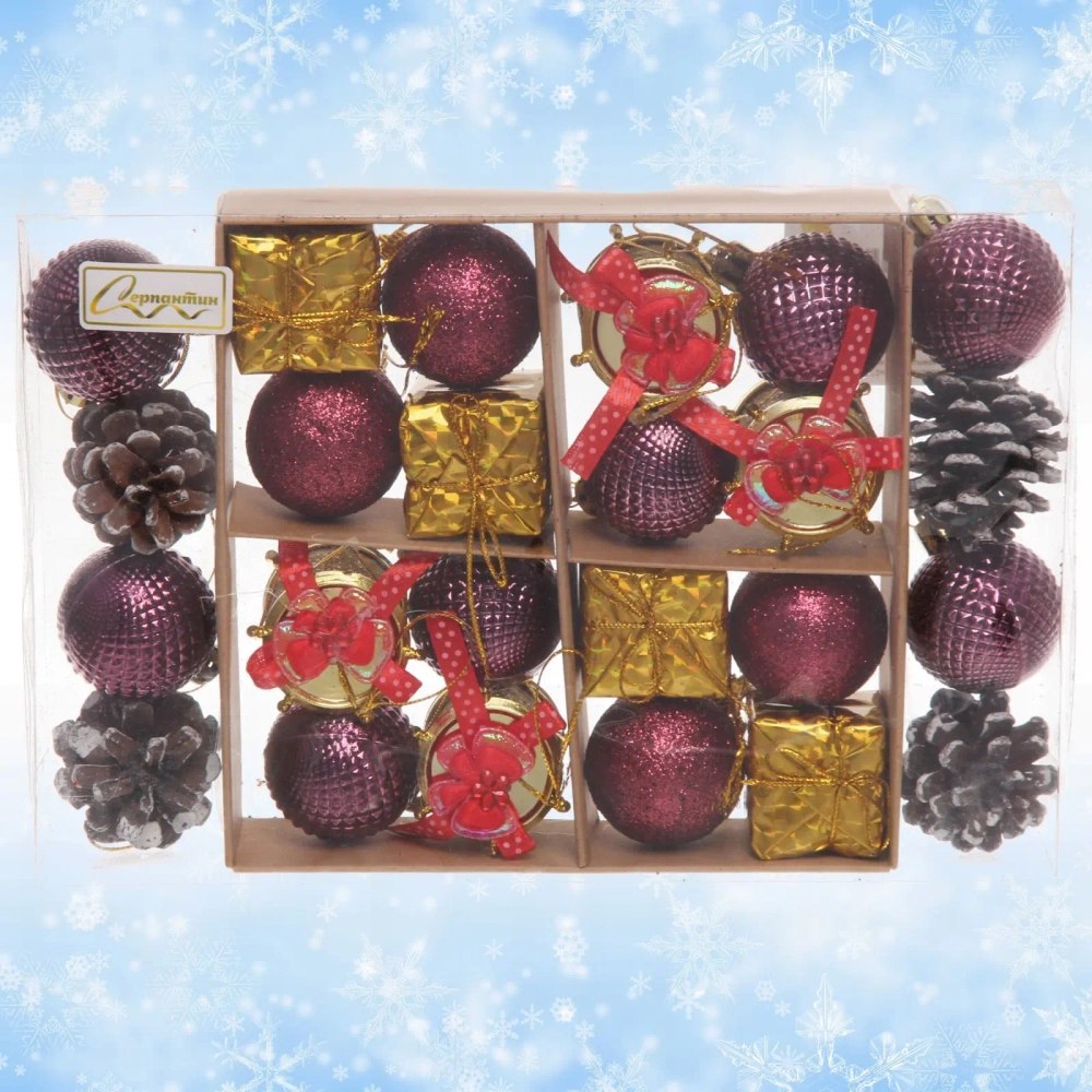 Набор украшений «Зимнее волшебство» 24*16*4 см (24 предмета), Золото/рубин