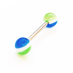 Штанга 16 мм с акриловыми цветными шариками 6 мм (мяч зеленый - синий) для пирсинга языка. Медицинская сталь. 1 шт