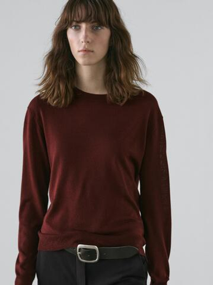 Massimo Dutti Свитер из тонкого трикотажа с круглым вырезом, гранатовый