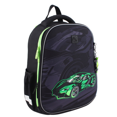 Ранец, спинка эргономичная, 2 отделения, 39*29*16 см, First, Зеленая машина, КОКОС, 240460