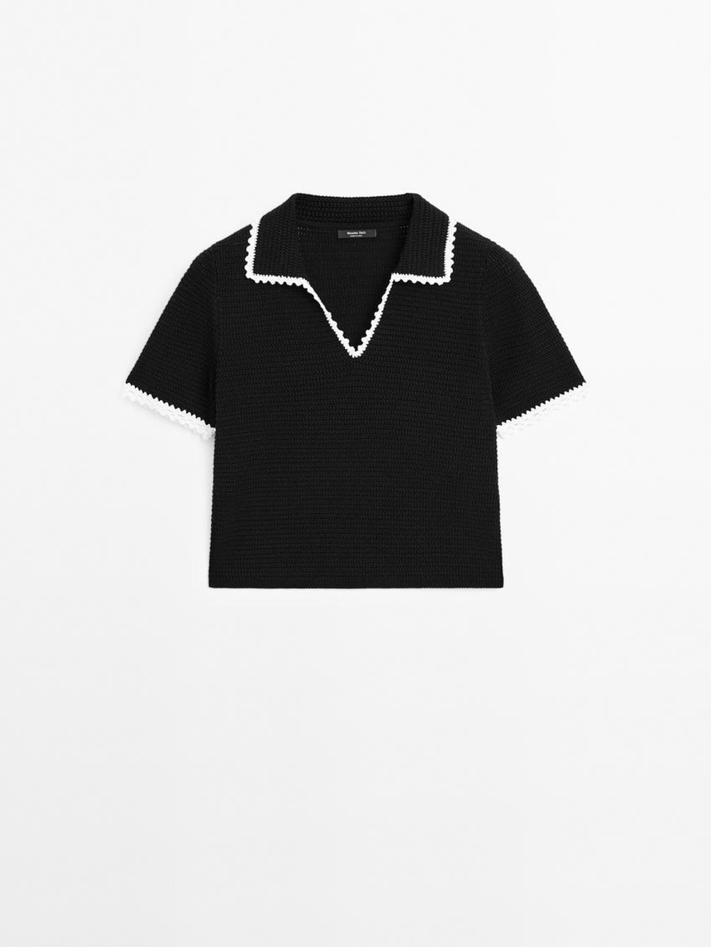 Massimo Dutti Поло из 100% хлопка с короткими рукавами, черный