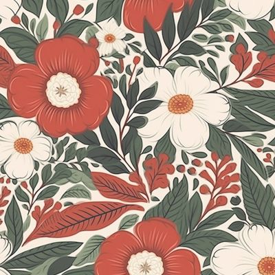 Красные и белые цветы, веточки и листья