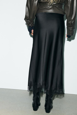 ZARA АТЛАСНАЯ ЮБКА МИДИ С КРУЖЕВОМ, ЧЕРНЫЙ