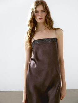 Massimo Dutti Платье миди из струящейся ткани с кружевом, шоколадный