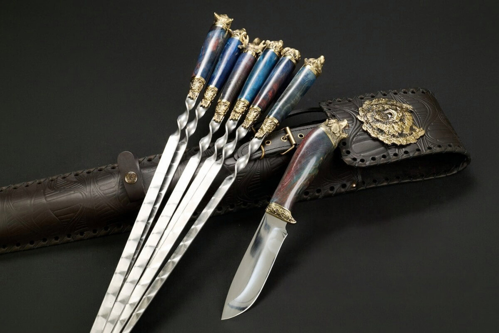 Набор шампуров "Звери Лесные Премиум" в чехле из натуральной кожи