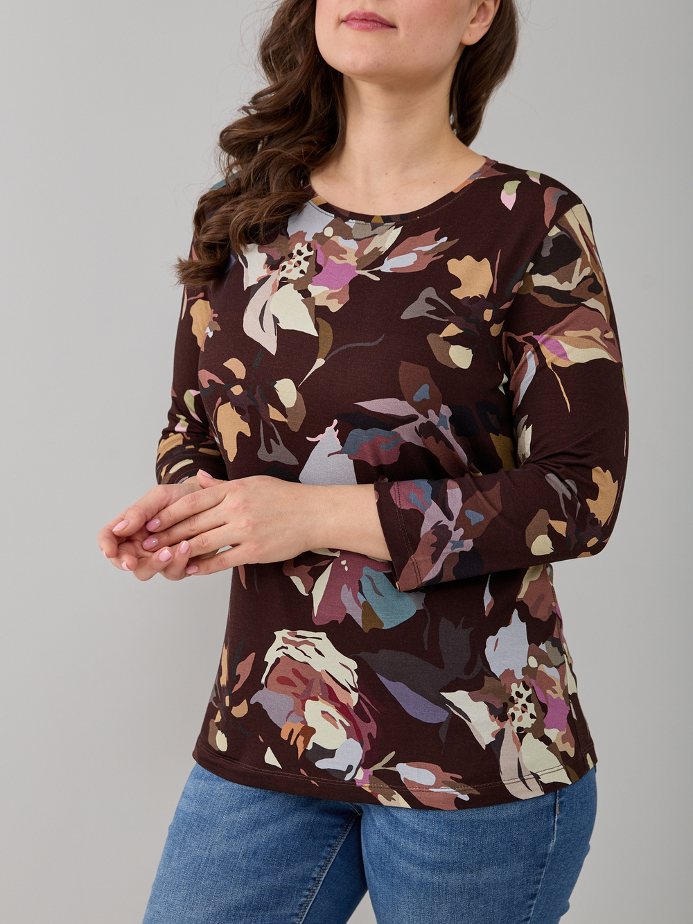 Лонгслив ЛНв-306/коричневый-цветыабстракция