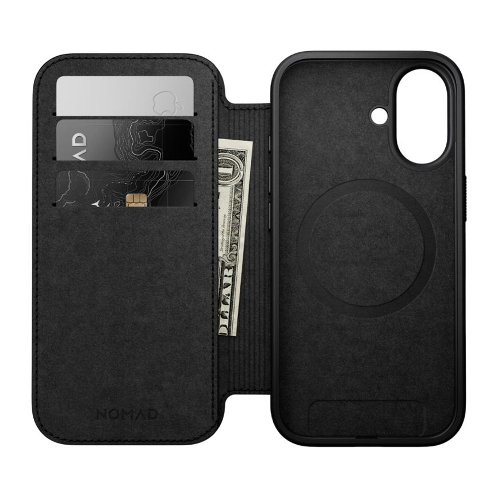 Кожаный чехол-книжка MagSafe Nomad Modern Leather Folio для iPhone 17 Гибридный укреплённый чехол из натуральной цельнозерновой кожи с сенсорной накладкой для Контроллера камеры. Есть отделение для купюр и встроенный картхолдер — вмещает до трёх карт