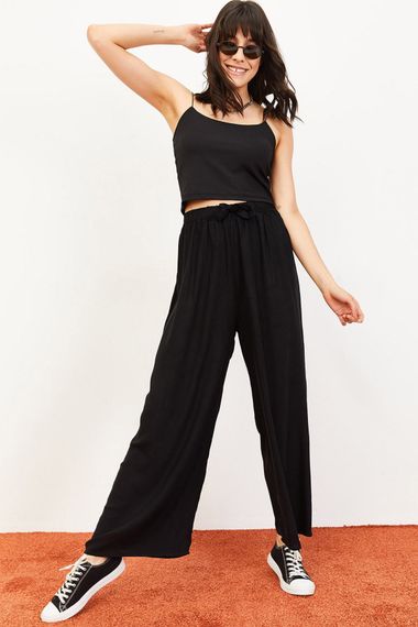 Qadın kəmərli, geniş ayaqlı viskoz şalvar, qara 10061050