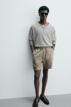 ZARA ШОРТЫ КЛАССИЧЕСКОГО КРОЯ ИЗ РЕЛЬЕФНОЙ ТКАНИ, СЕРО-КОРИЧНЕВЫЙ