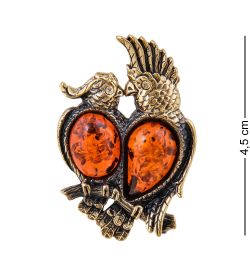 AM-3614 Брошь «Попугаи Карелла» (латунь, янтарь)