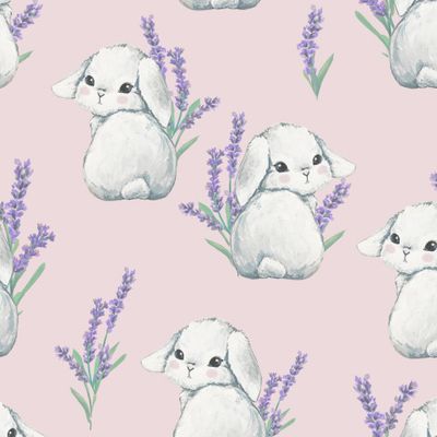 Кролики и лаванда акварельный нежный принт