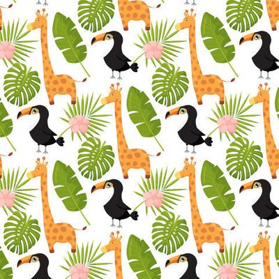 Жирафы, туканы и пальмовые листья. Животные джунглей с принтом тропических растений. Модный дизайн сафари для текстиля