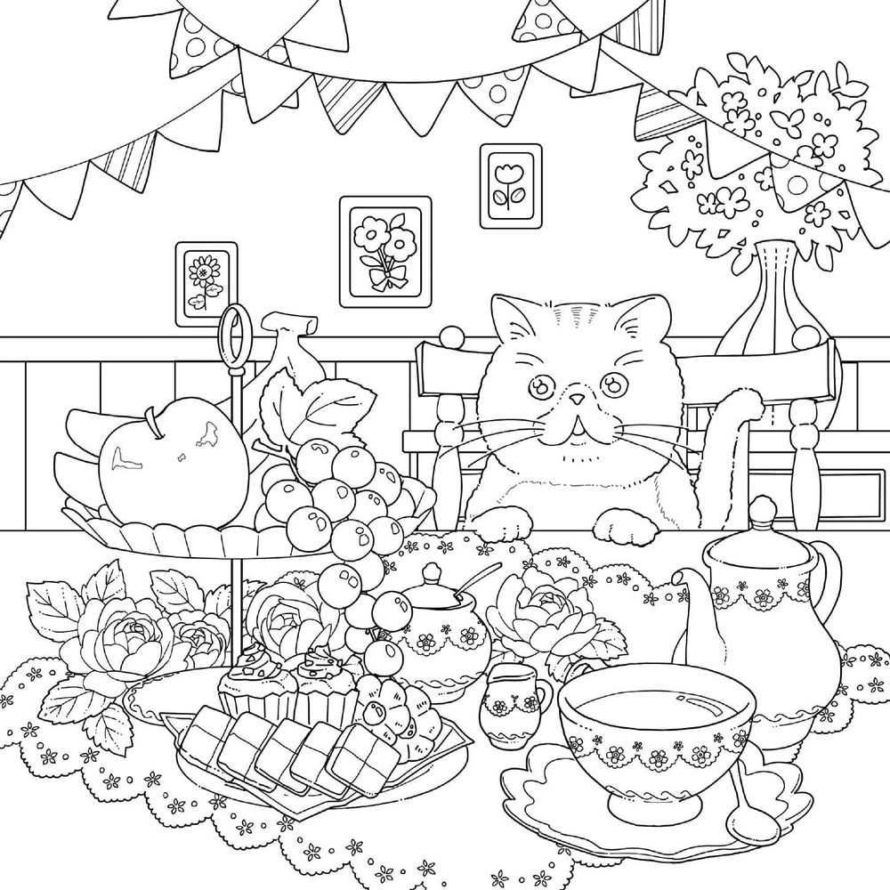A floral journey of a cat seeking the joyful bell. Coloring Book