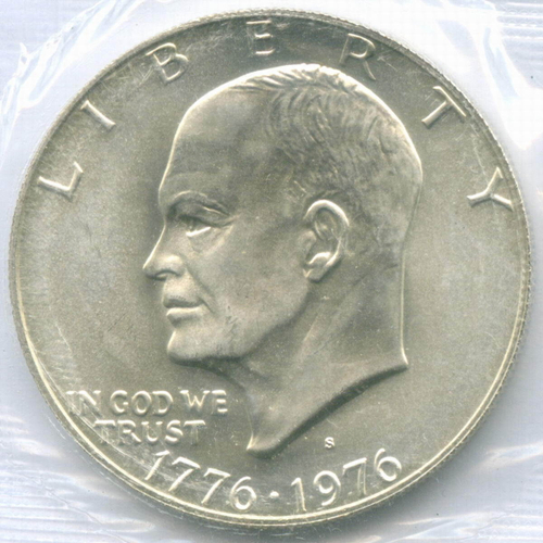 1 доллар 1976 год (S). США. 200-летие Декларации независимости. Серебро, диаметр 38.1 мм. UNC в родной запайке