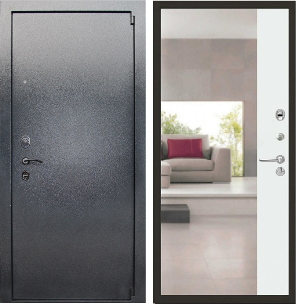 Входная металлическая дверь с зеркалом Лекс 3 БАРК Серый букле №109 Большое ассиметричное зеркало Белая шагрень