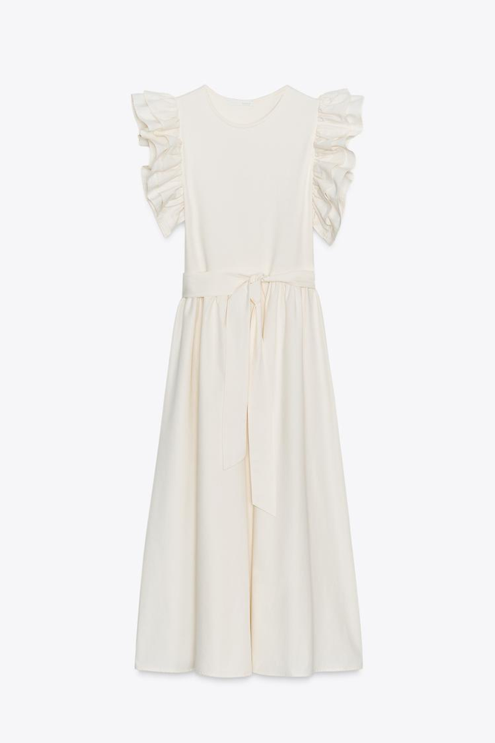 ZARA КОМБИНИРОВАННОЕ ПЛАТЬЕ С ВОЛАНАМИ, ЭКРЮ