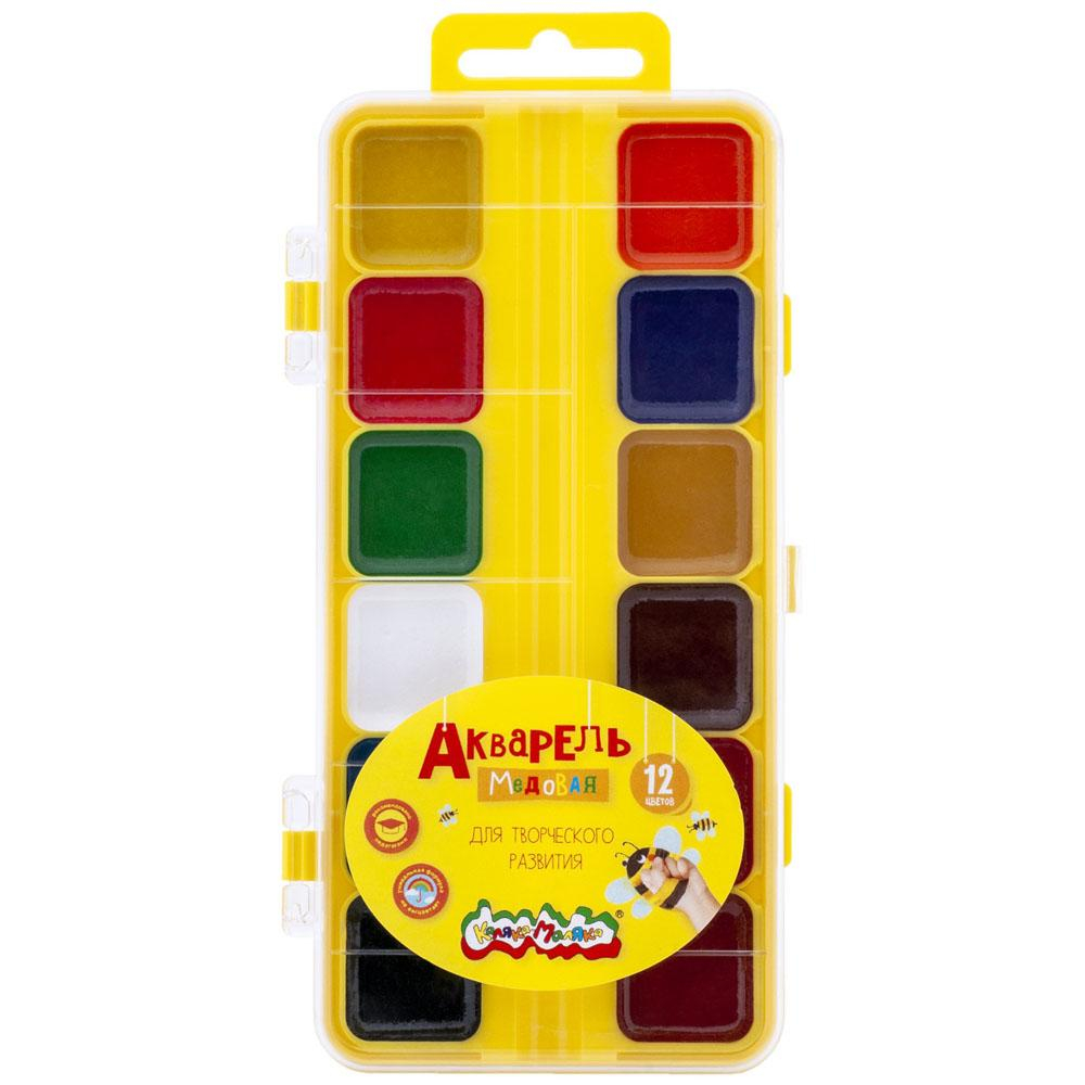 Акварель медовая, 12 цветов, без кисти, пластик (Каляка-Маляка)