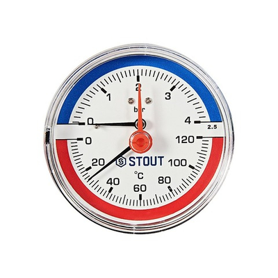 Термоманометр аксиальный STOUT - 1/2" (D80 мм, шкала 0-120°C/0-4 бар, с запорным клапаном)